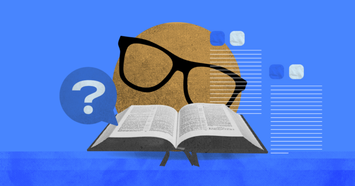 Graphic featuring an open Bible and a circle with glasses on and a question mark in front of it. This graphic represents Bible trivia.