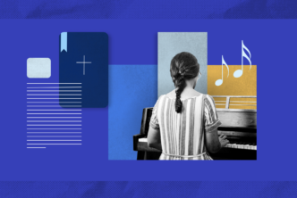 Graphic with a woman playing piano and a graphic of a Bible. This image represents pursuing a deep delight in the Lord.