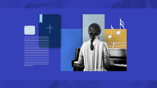 Graphic with a woman playing piano and a graphic of a Bible. This image represents pursuing a deep delight in the Lord.