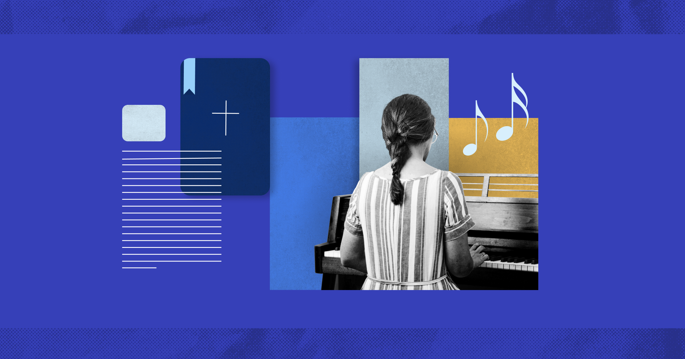 Graphic with a woman playing piano and a graphic of a Bible. This image represents pursuing a deep delight in the Lord.