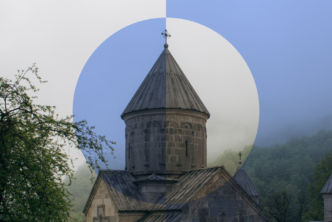 a church steeple framed by a circle representing the variety of Christian denominations