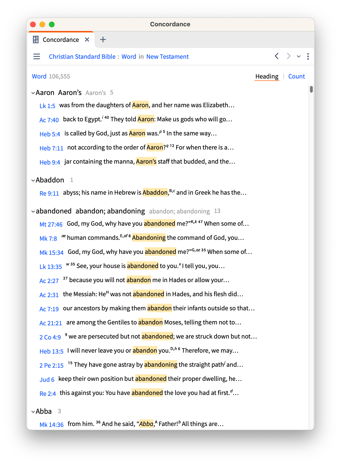 Concordance from Christian Standard Bible in Logos Bible Software