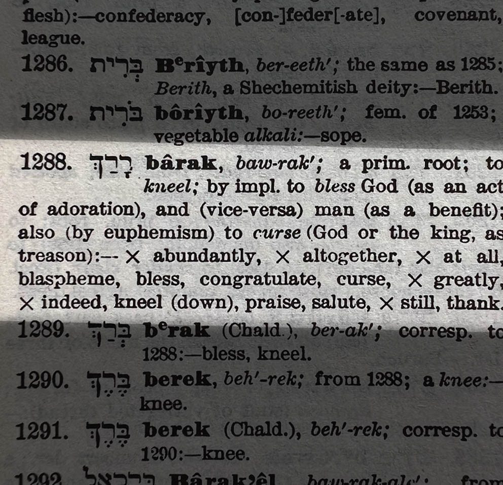 Hebrew entry for the word barak in Strong's Exhaustive Concordance