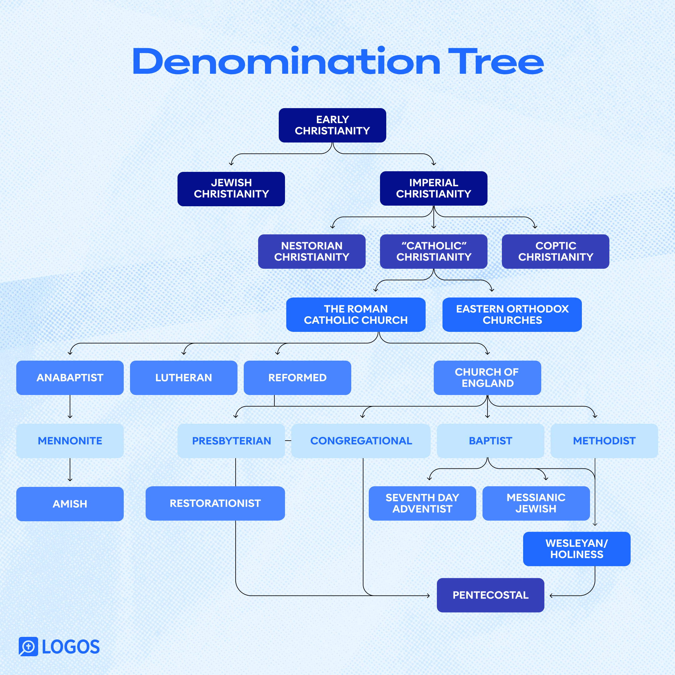 A chart showing the historical development of Christian denominations