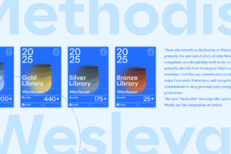 The words Methodist and Wesleyan in large font with Logos's Denominational Libraries in the middle and a portion of the article text to the right.