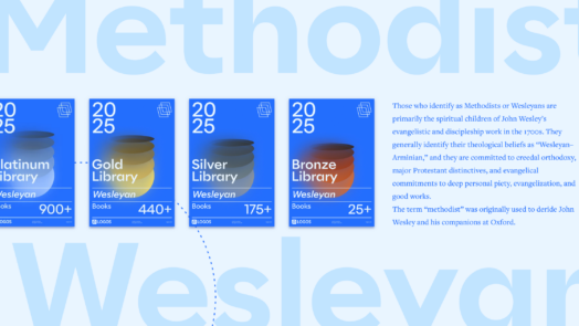 The words Methodist and Wesleyan in large font with Logos's Denominational Libraries in the middle and a portion of the article text to the right.