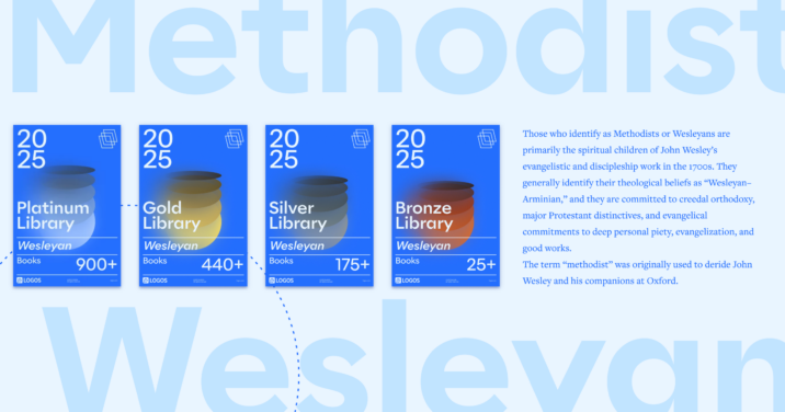 The words Methodist and Wesleyan in large font with Logos's Denominational Libraries in the middle and a portion of the article text to the right.
