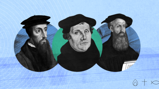 Images of John Calvin, Martin Luther, and Ulrich Zwingli, three giant os Bible study and leaders of the Protestant Reformation