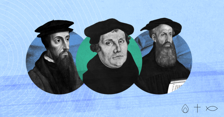 Images of John Calvin, Martin Luther, and Ulrich Zwingli, three giant os Bible study and leaders of the Protestant Reformation