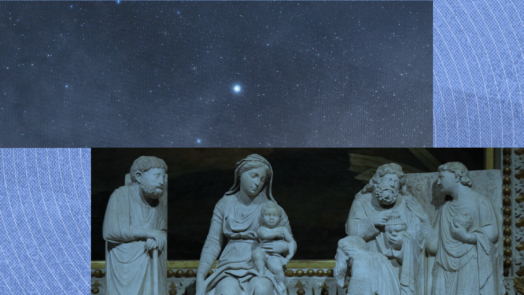 a painting of the Nativity of Jesus that includes Mary, Joseph, and baby Jesus standing in front of a blue background with stars in the sky to represent the question, Is Christmas a Christian holiday