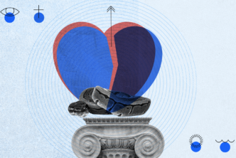a blue and red heart placed on top of a white pedestal with various symbols and shapes surrounding it to represent prayers of confession