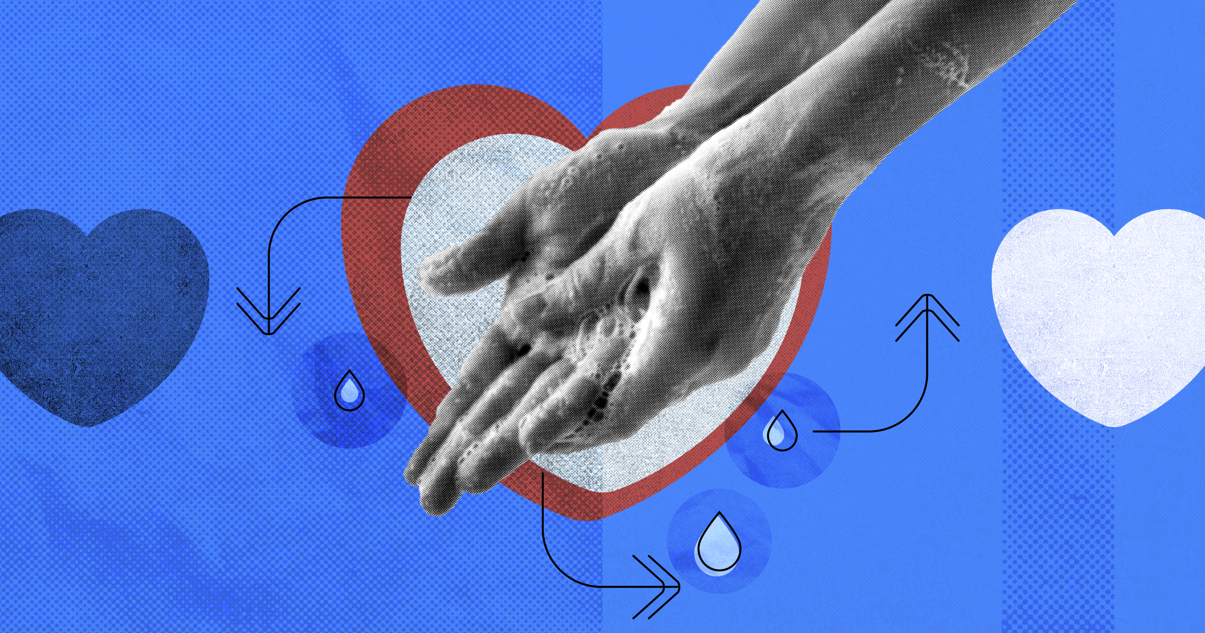A person's hand placed on top of a heart symbol, surrounded by water droplets and arrows. The image represents the idea of spiritual renewal through the act of confession, symbolized by the heart and the water droplets, which represent cleansing and purification.