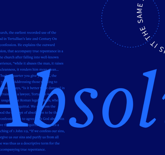 Absolution in blue letters with part of the article in the background