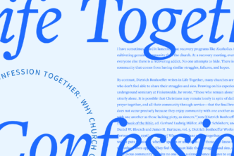 The words life together and confession in large font with part of the article in the background