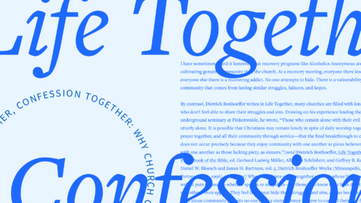 The words life together and confession in large font with part of the article in the background