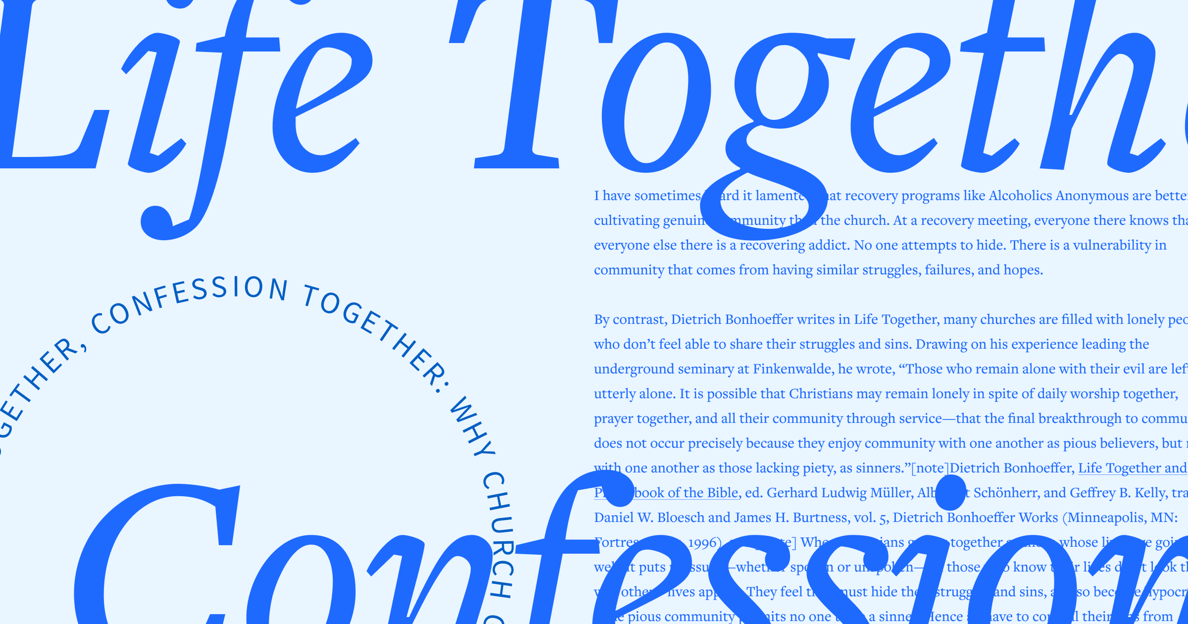 The words life together and confession in large font with part of the article in the background