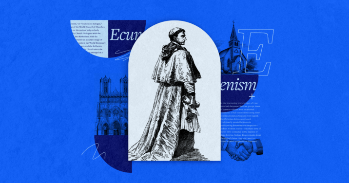 An image of a clergy member with parts of the article in the background to represent modern ecumenical movements
