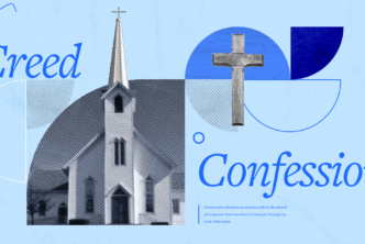 an image of a church and a cross as well as the words creed and confession to represent church confessions and what the church believes