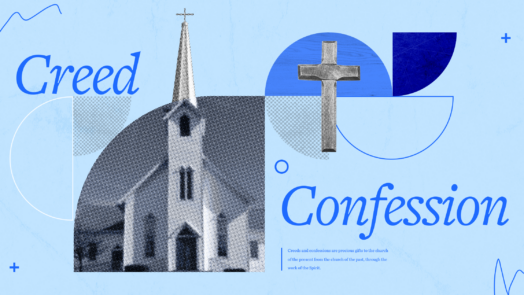 an image of a church and a cross as well as the words creed and confession to represent church confessions and what the church believes