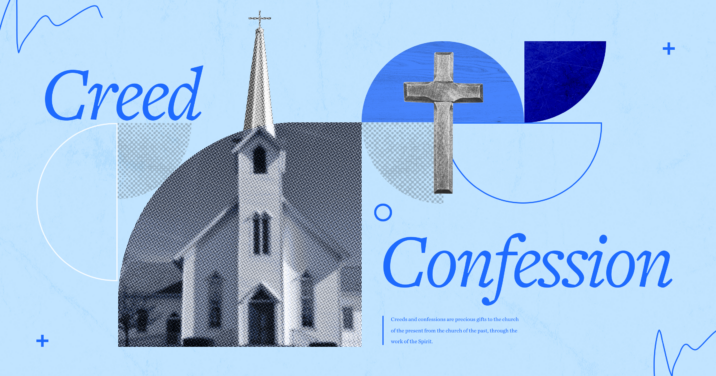 an image of a church and a cross as well as the words creed and confession to represent church confessions and what the church believes