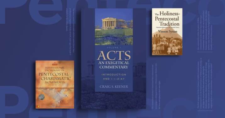 an image displaying the Pentecostal books, left to right: International Dictionary of Pentecostal Charismatic Movements, Vol. 1 of Acts: An Exegetical Commentary, and The Holiness-Pentecostal Tradition. Parts of the article are in the background.