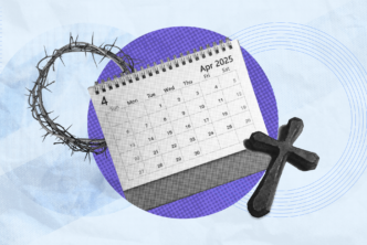 holy week collage of a calendar, a cross, and a crown of thorns