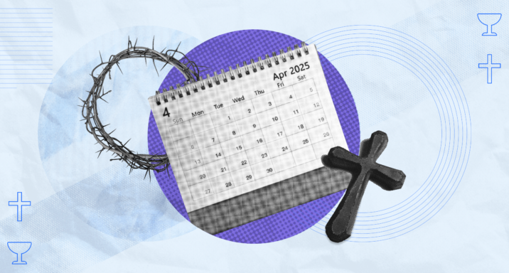 holy week collage of a calendar, a cross, and a crown of thorns