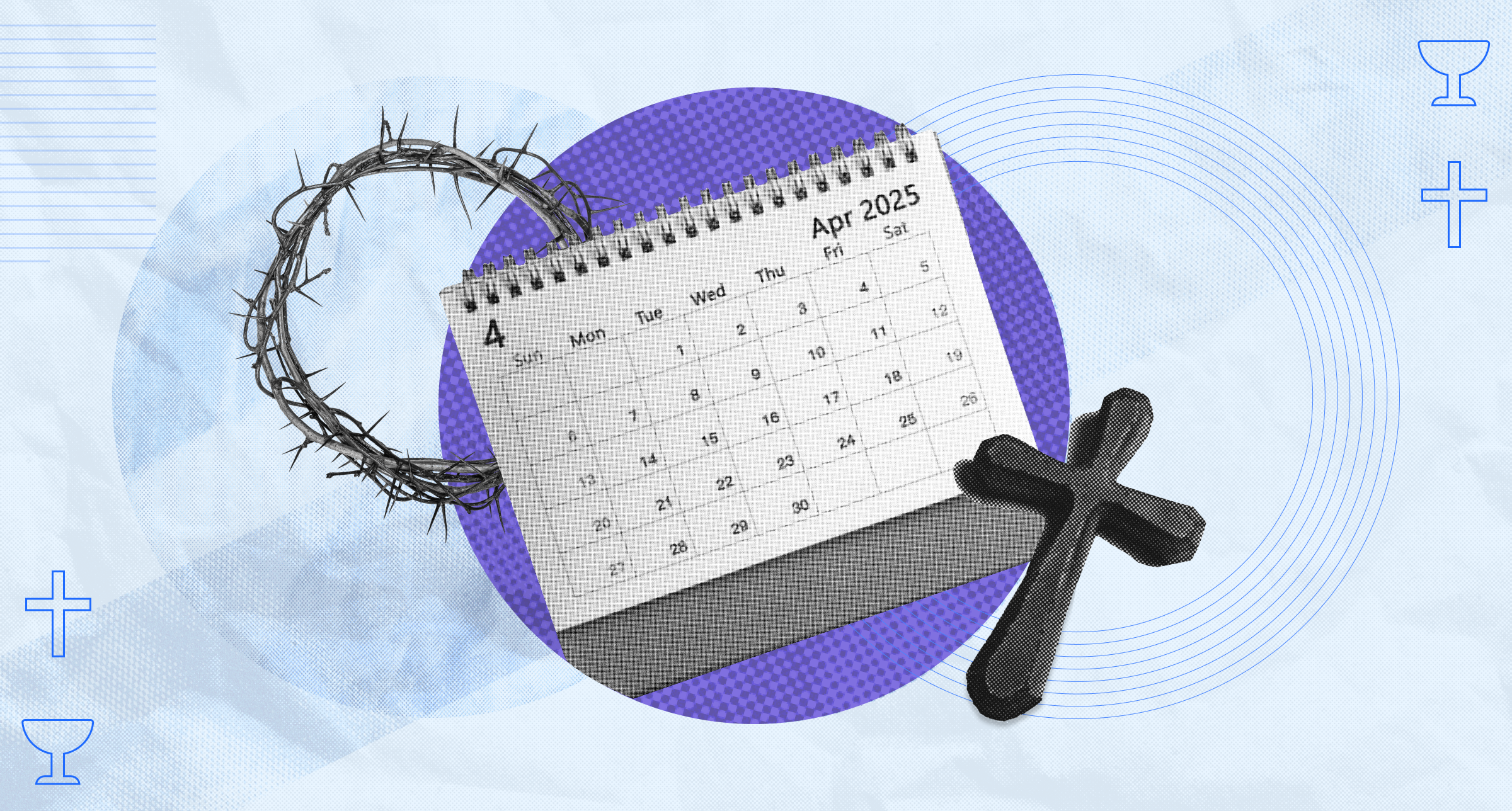 holy week collage of a calendar, a cross, and a crown of thorns