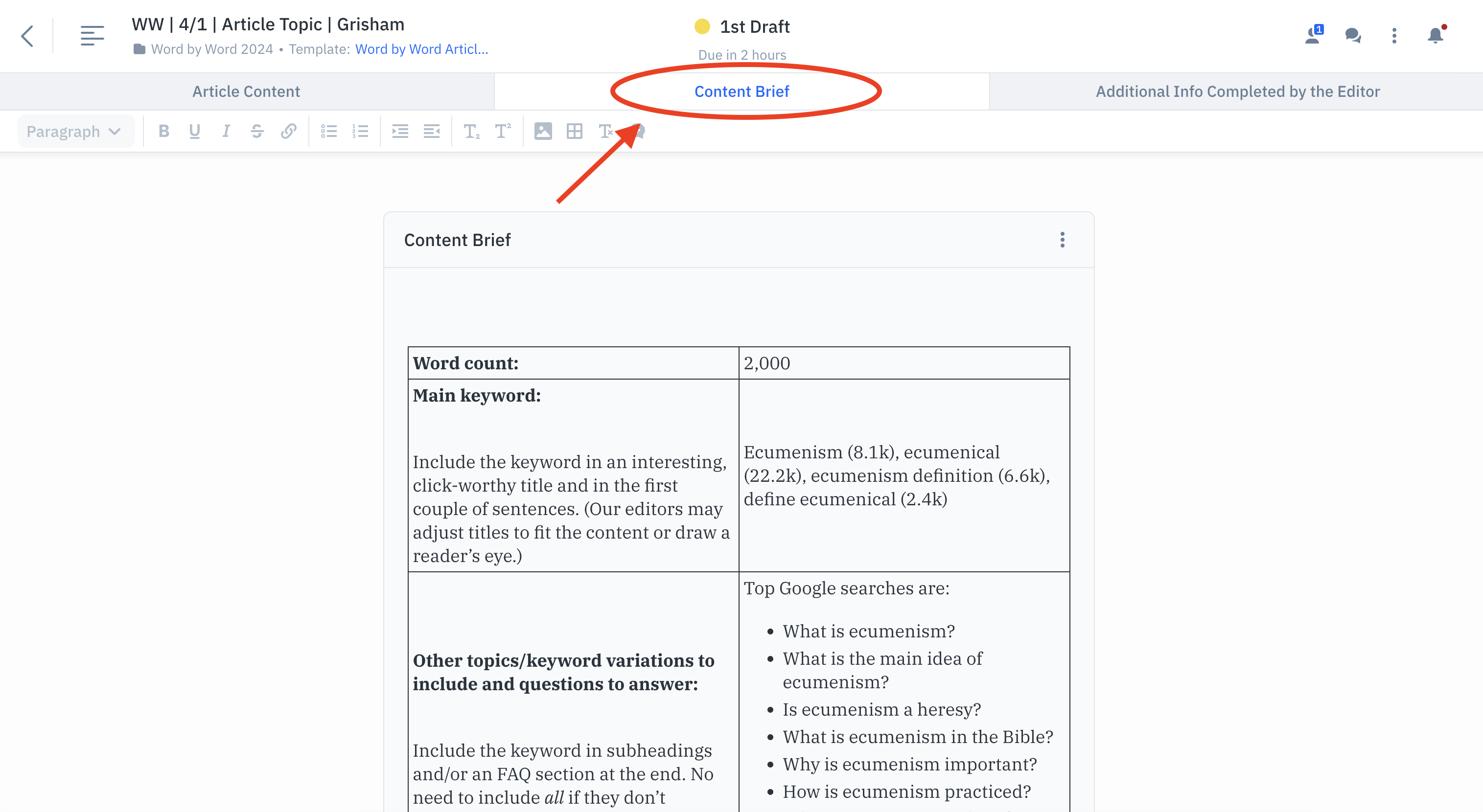 Content Workflow Brief Tab 