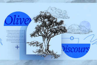 Image depicting the words Olivet Discourse on either side of a strong tree. An excerpt from an article is shown on the left side, representing the theological discussion of the Olivet Discourse.