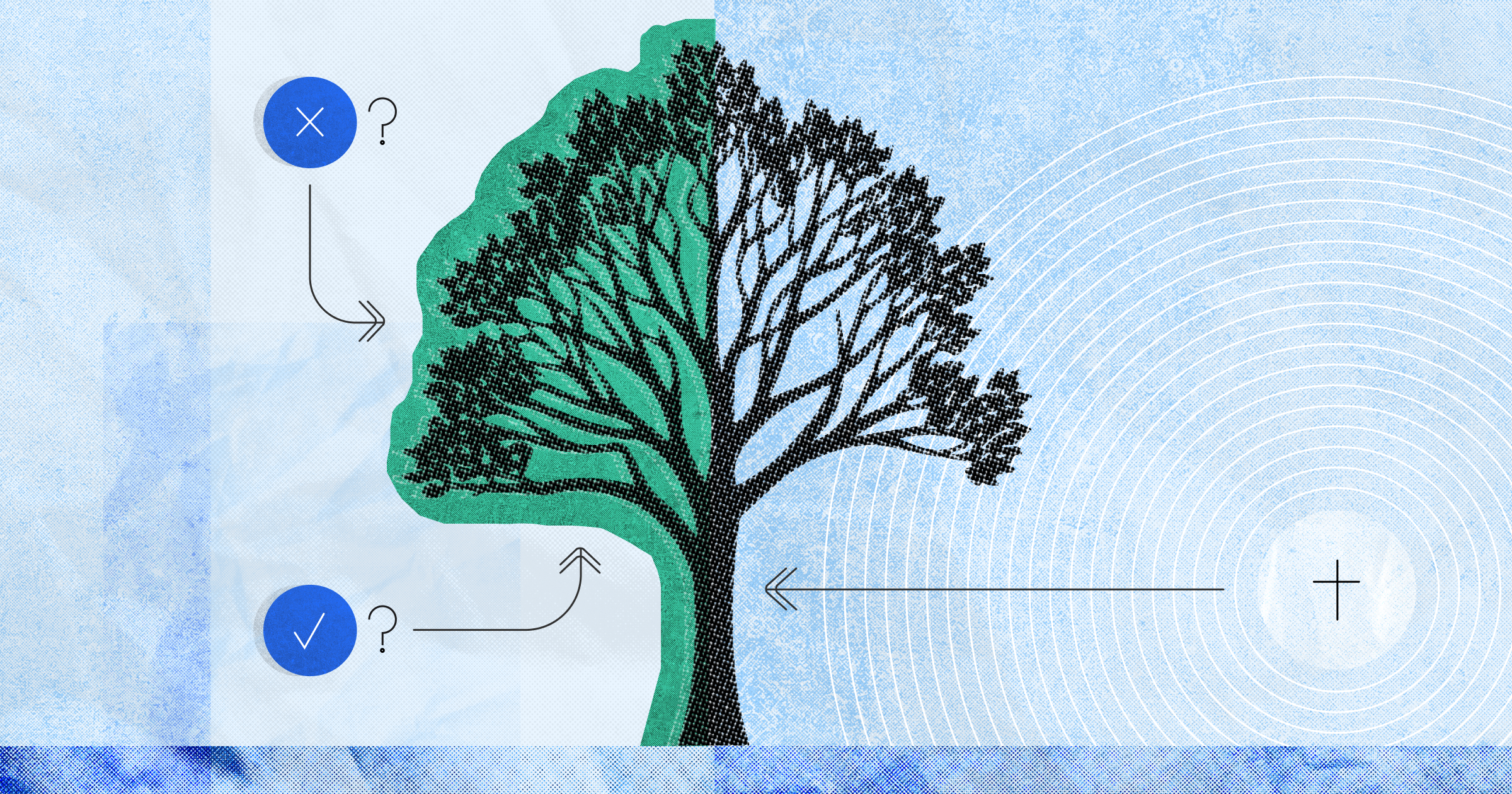 Arrows pointing to different parts of a tree representing ecclesiology, the doctrine of the church