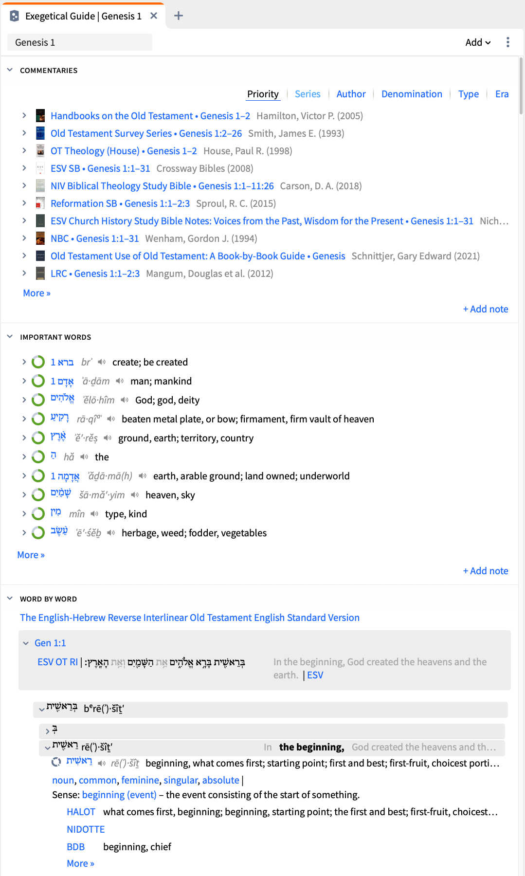 An image of the Logos Bible study app's Exegetical Guide opened up to Genesis 1.