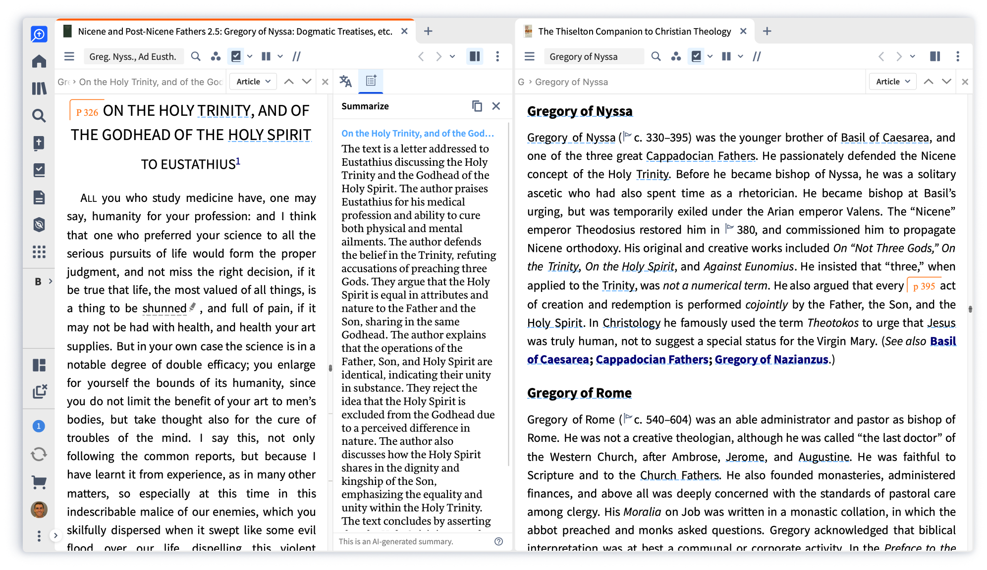 Screenshot of the Logos Bible study app open to the new Summarize tool.