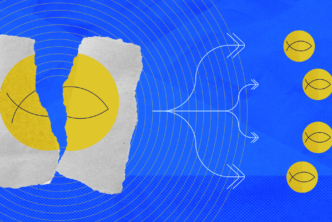 An image depicting a fish drawing on a piece of paper being divided into four separate fish images with arrows symbolizing the concepts of division and multiplication as mentioned in the Bible.