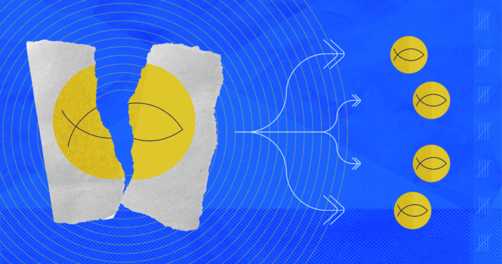 An image depicting a fish drawing on a piece of paper being divided into four separate fish images with arrows symbolizing the concepts of division and multiplication as mentioned in the Bible.