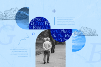 An image featuring an elderly man walking to represent him contemplating free will and sin. Parts of the article are in the background.