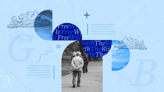 An image featuring an elderly man walking to represent him contemplating free will and sin. Parts of the article are in the background.