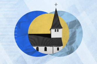 A simple-looking church with a steeple to symbolize Protestantism