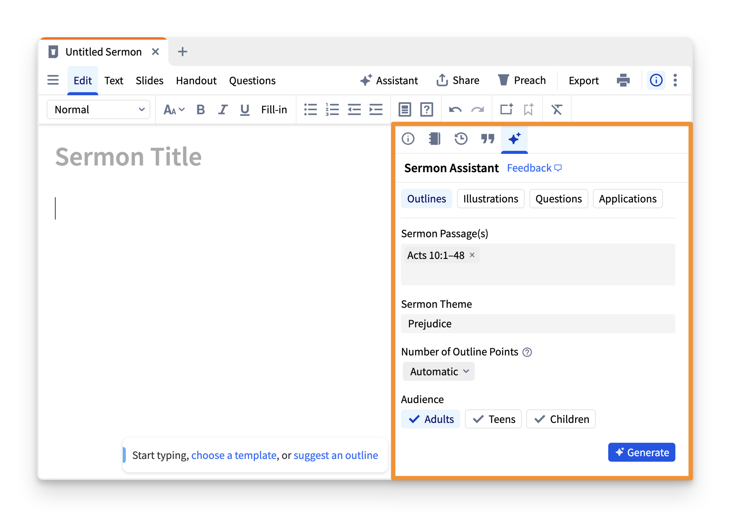 a screenshot of Logos's Sermon Assistant.