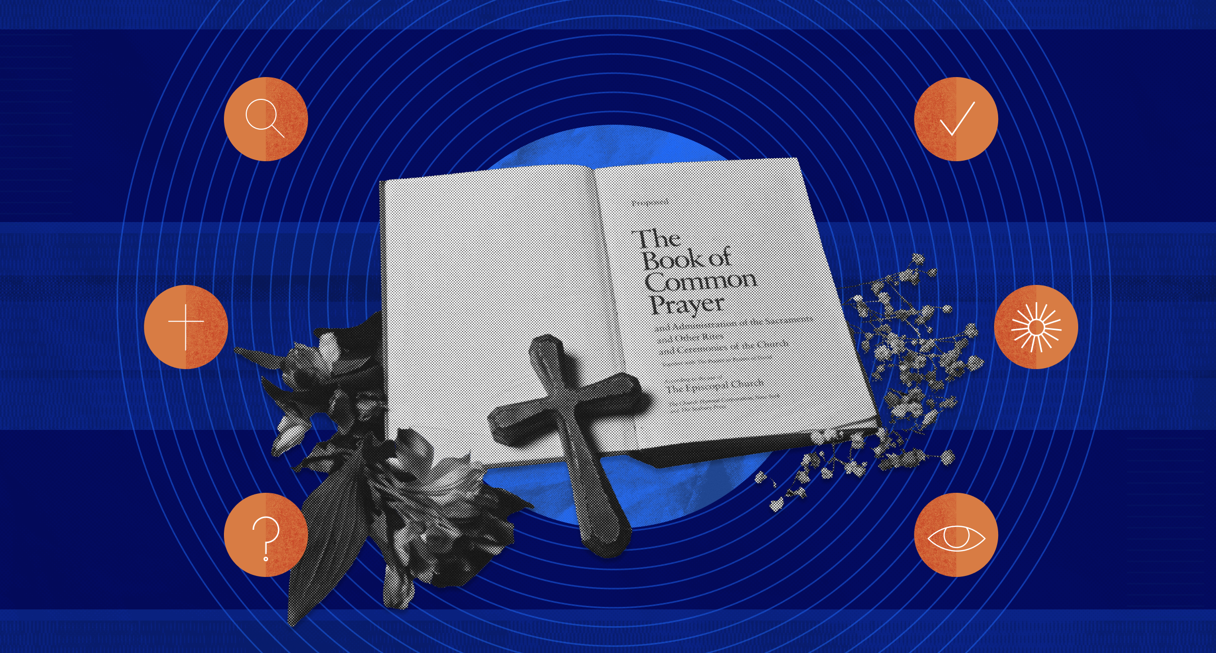 The Book of Common Prayer open to the cover page, with a cross on top of it to represent the importance of prayer books.