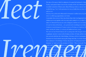 The words Meet Irenaeus in large font over a blue background and a portion of the article text to the right.