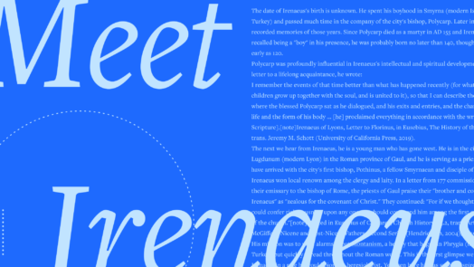The words Meet Irenaeus in large font over a blue background and a portion of the article text to the right.