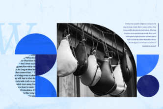 A collage of text, blue color blocks, and a black and white photo of wineskins.