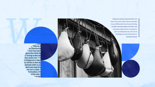 A collage of text, blue color blocks, and a black and white photo of wineskins.