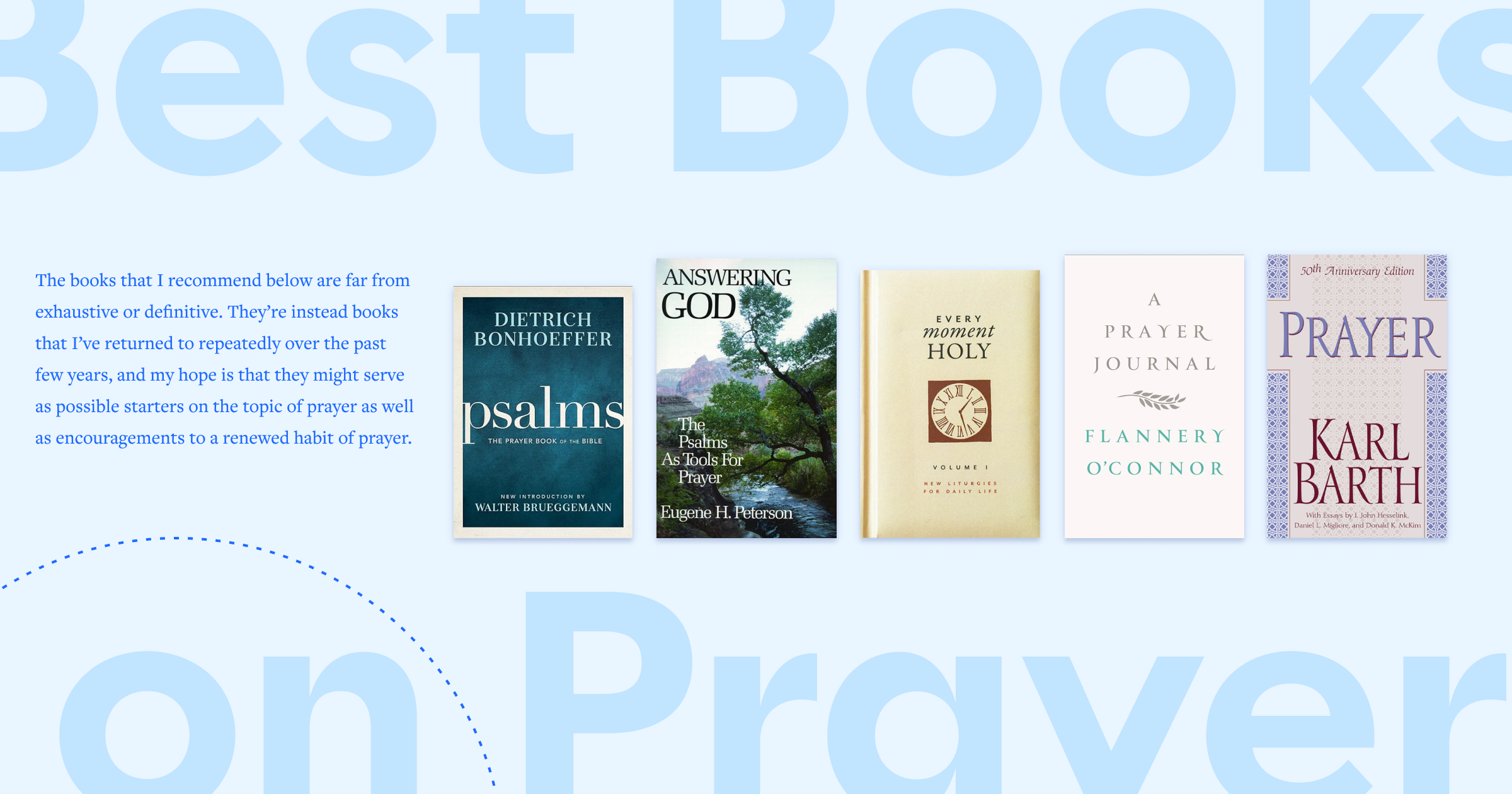 The words Best Books on Prayer in large font with featured resources displaying in the middle and a portion of the article text to the left.