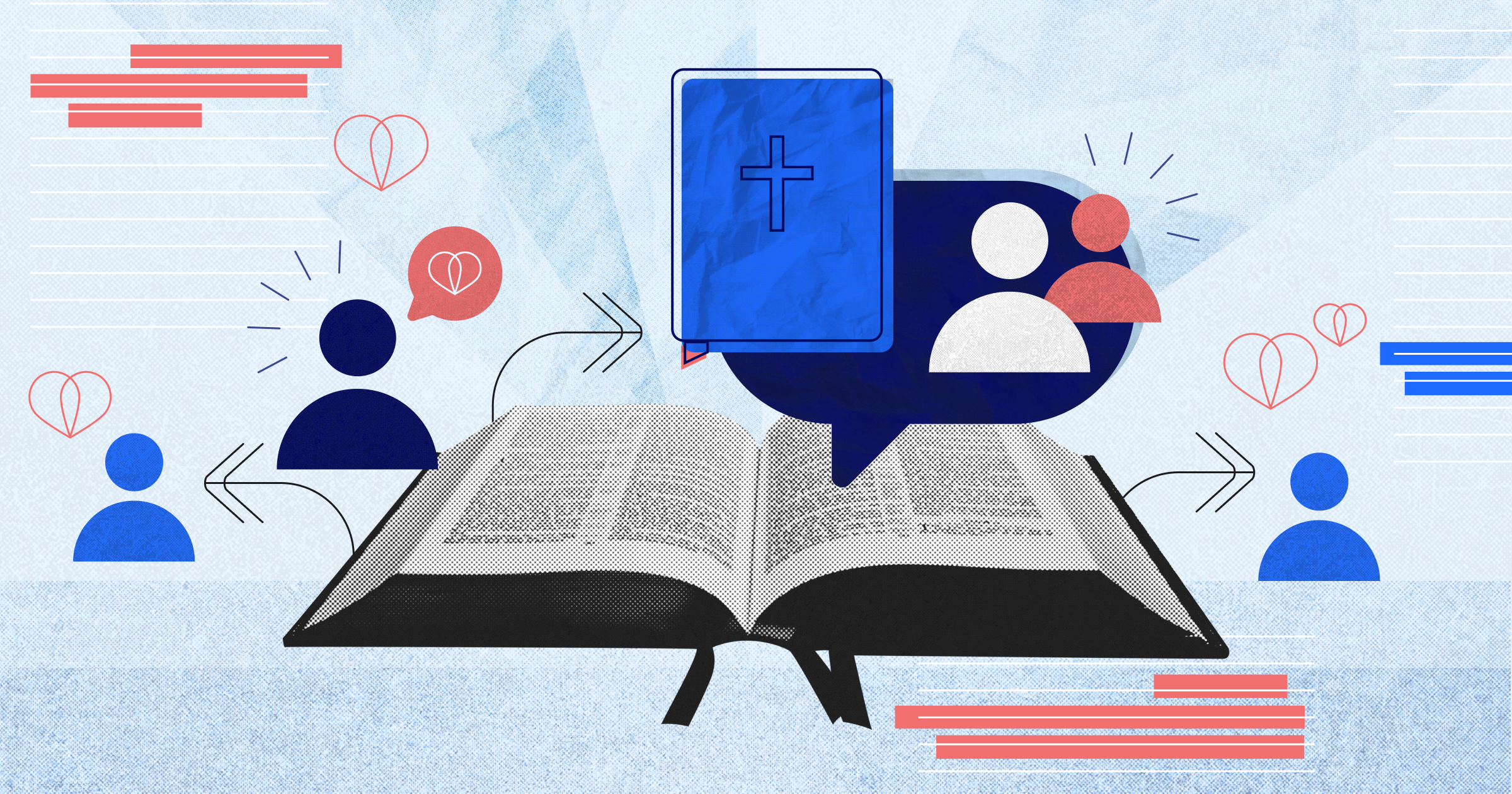 An illustration of an open bible with icons of people around it to represent the importance of small bible study groups.