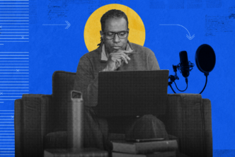 A preacher sitting down with an open Bible and a laptop symbolizing technology enhanced sermon preparation.