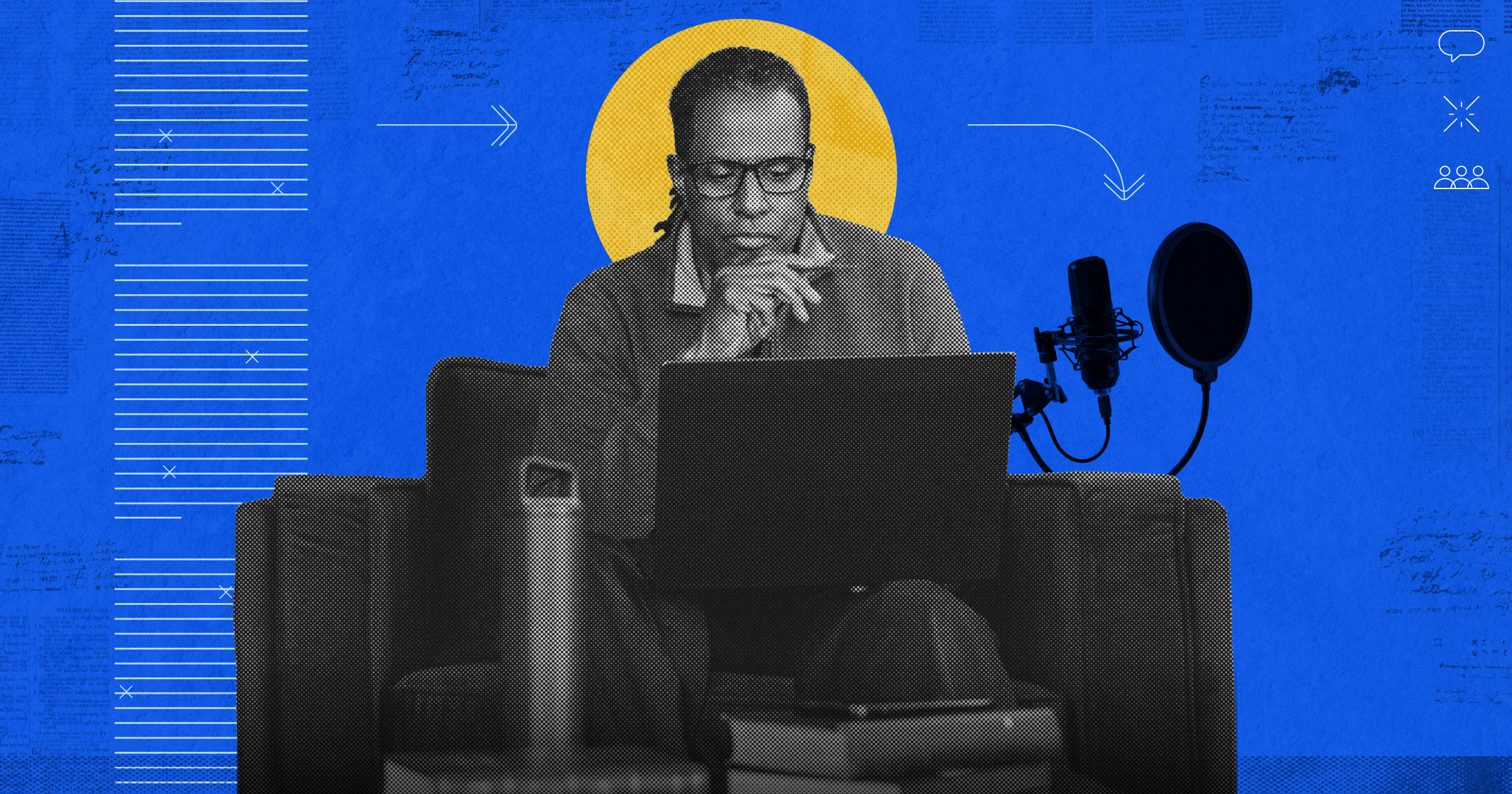 A preacher sitting down with an open Bible and a laptop symbolizing technology enhanced sermon preparation.