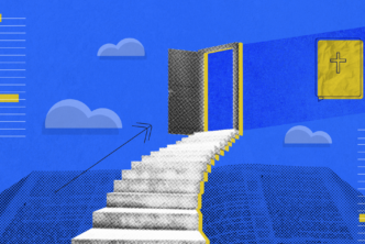 Stairs leading to an open door next to a Bible representing the practice of lectio divina.