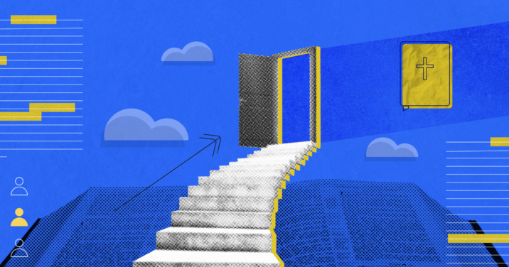 Stairs leading to an open door next to a Bible representing the practice of lectio divina.